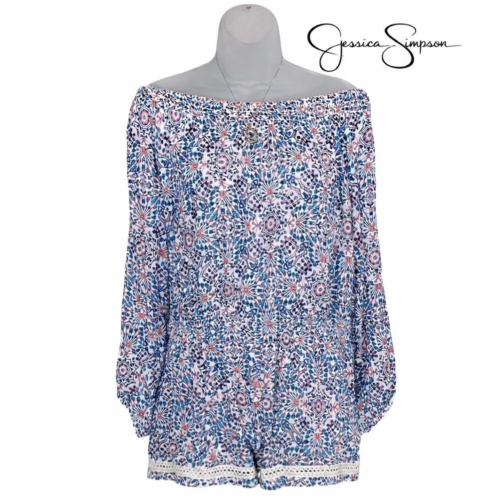 Jessica Simpson Boho Paisley Off Shoulder Romper Blue Pink Size L NWOT